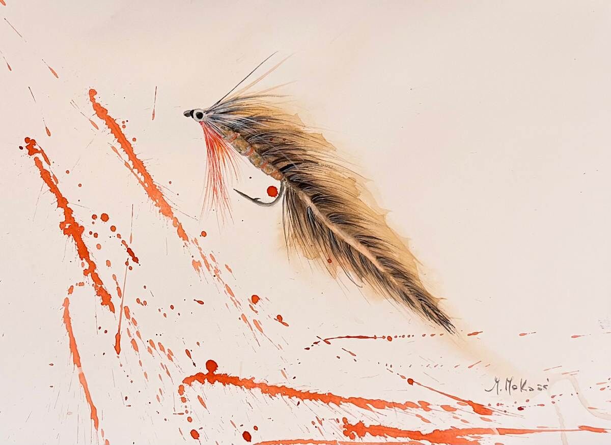 Controlled Chaos in Feather and Steel Watercolor Fly, acuarela de Moni Moka