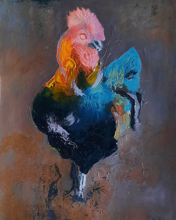 El gallo quila quina, óleo de Moni Moka