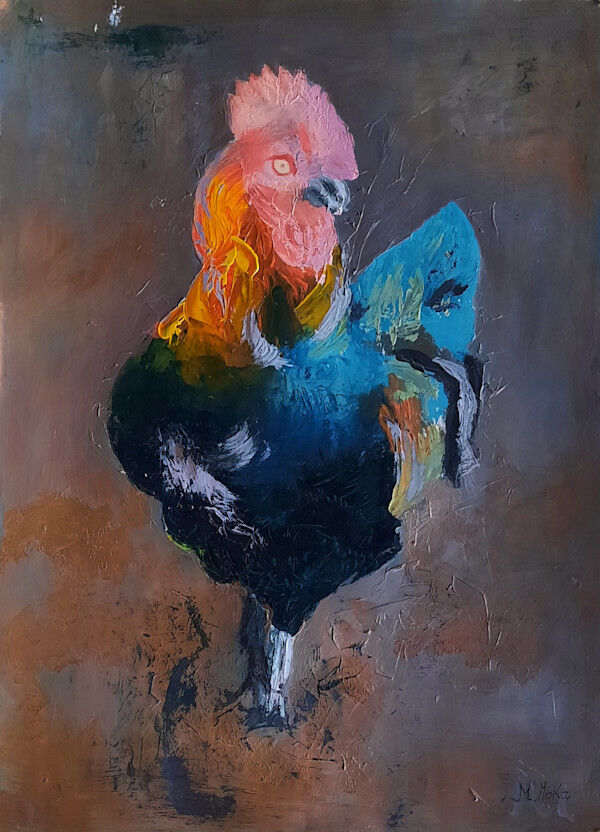 El gallo quila quina, óleo de Moni Moka