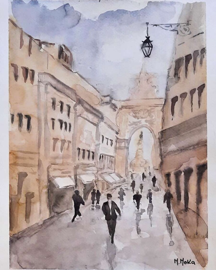 La vieja calle, acuarela de Moni Moka
