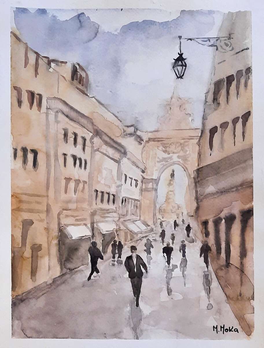 La vieja calle, acuarela de Moni Moka