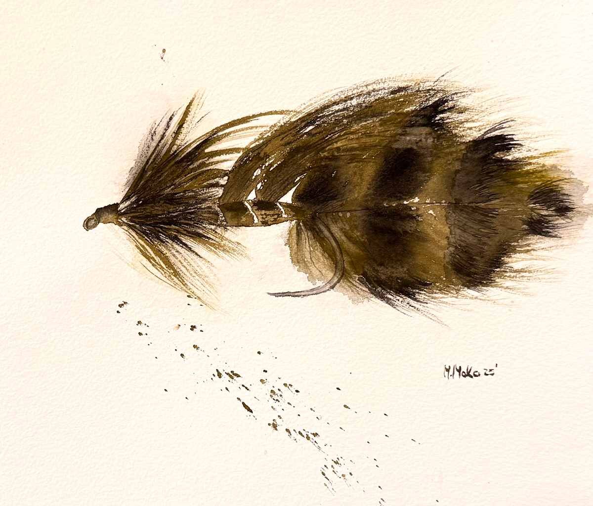 Olive and black Fly Watercolor, acuarela de Moni Moka