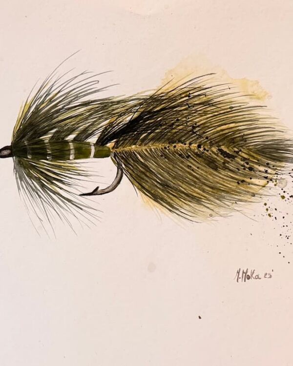 Olive Black and White Fly Watercolor, acuarela de Moni Moka