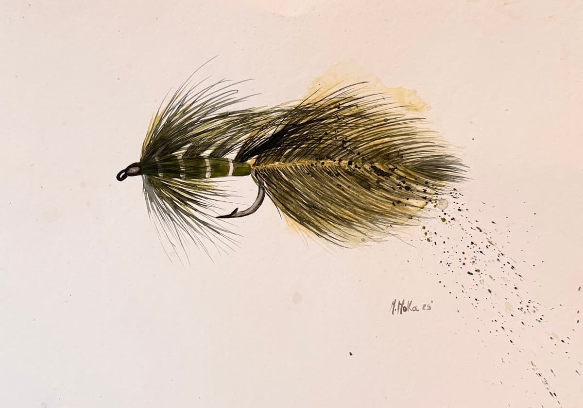 Olive Black and White Fly Watercolor, acuarela de Moni Moka