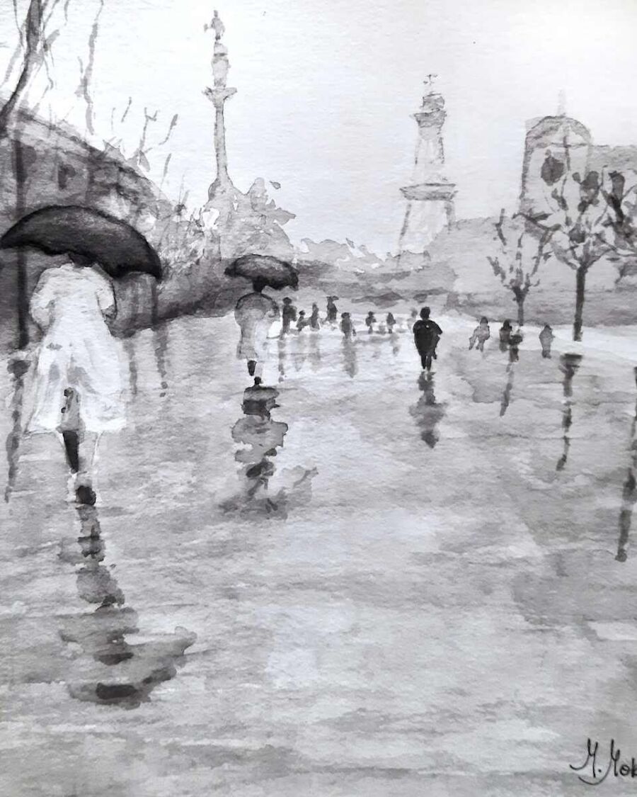 Paseo en la lluvia, obra de arte original de Moni Moka