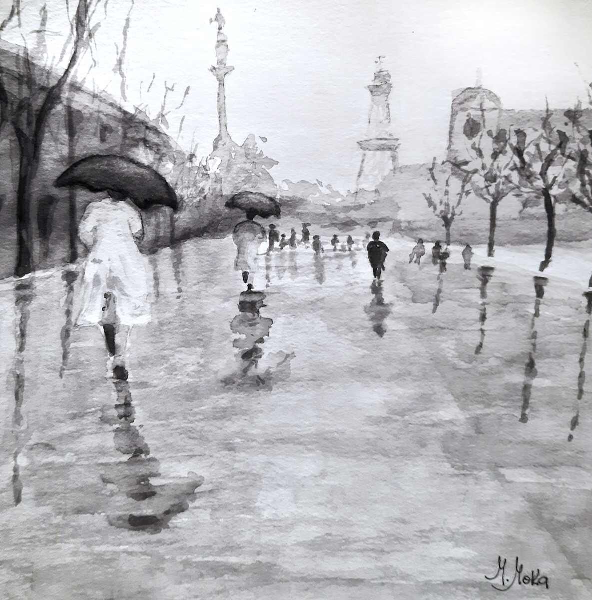 Paseo en la lluvia, obra de arte original de Moni Moka