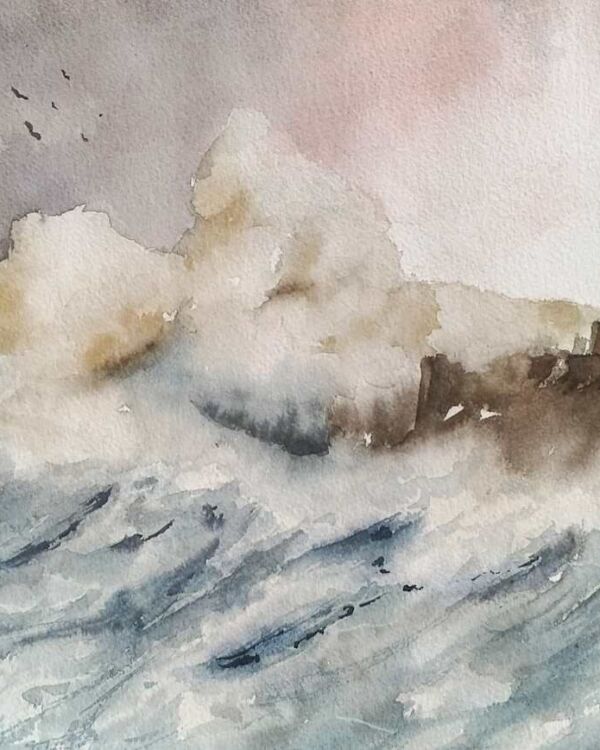 Storm at the Lighthouse, acuarela de Moni Moka