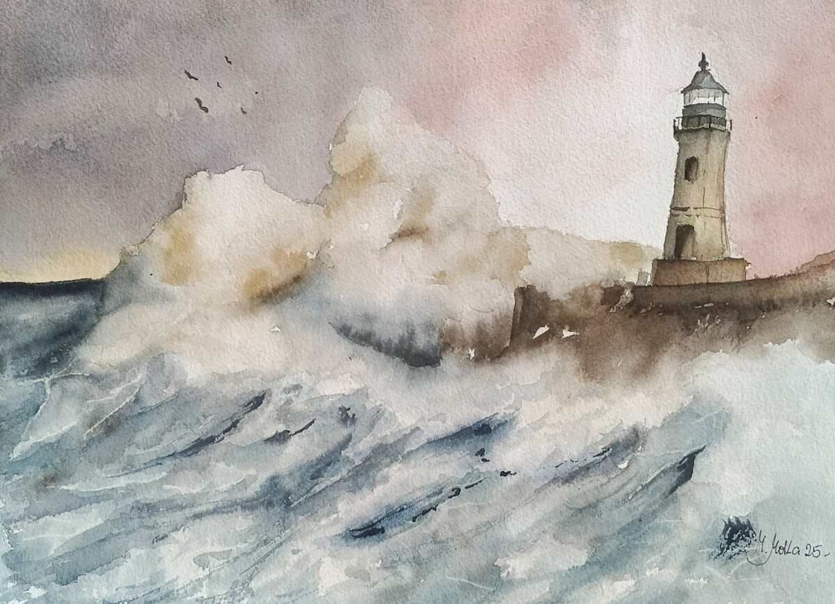 Storm at the Lighthouse, acuarela de Moni Moka