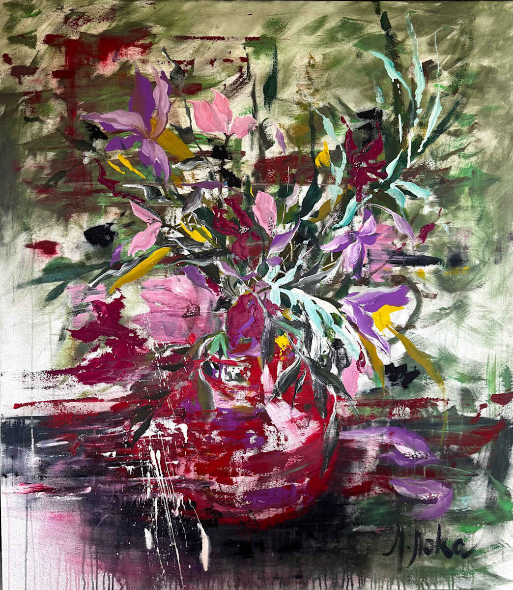 Tarde de flores y café, obra de arte original de Moni Moka